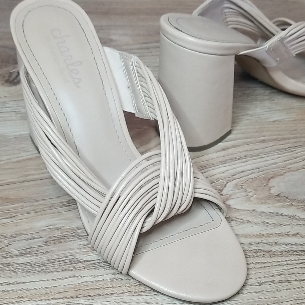 Charles Daid Razzle Open Toe Twisted Strappy Block Heel Taupe Sandals